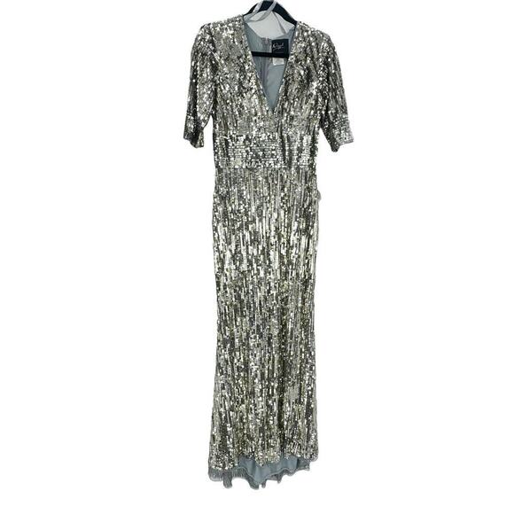 Mac Duggal Platinum Gold Silver Sequined V Neck Gown Dress Size 10 NWT - Picture 7 of 12